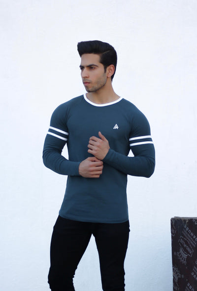 Astro Blue with Striped Arms Crew Neck