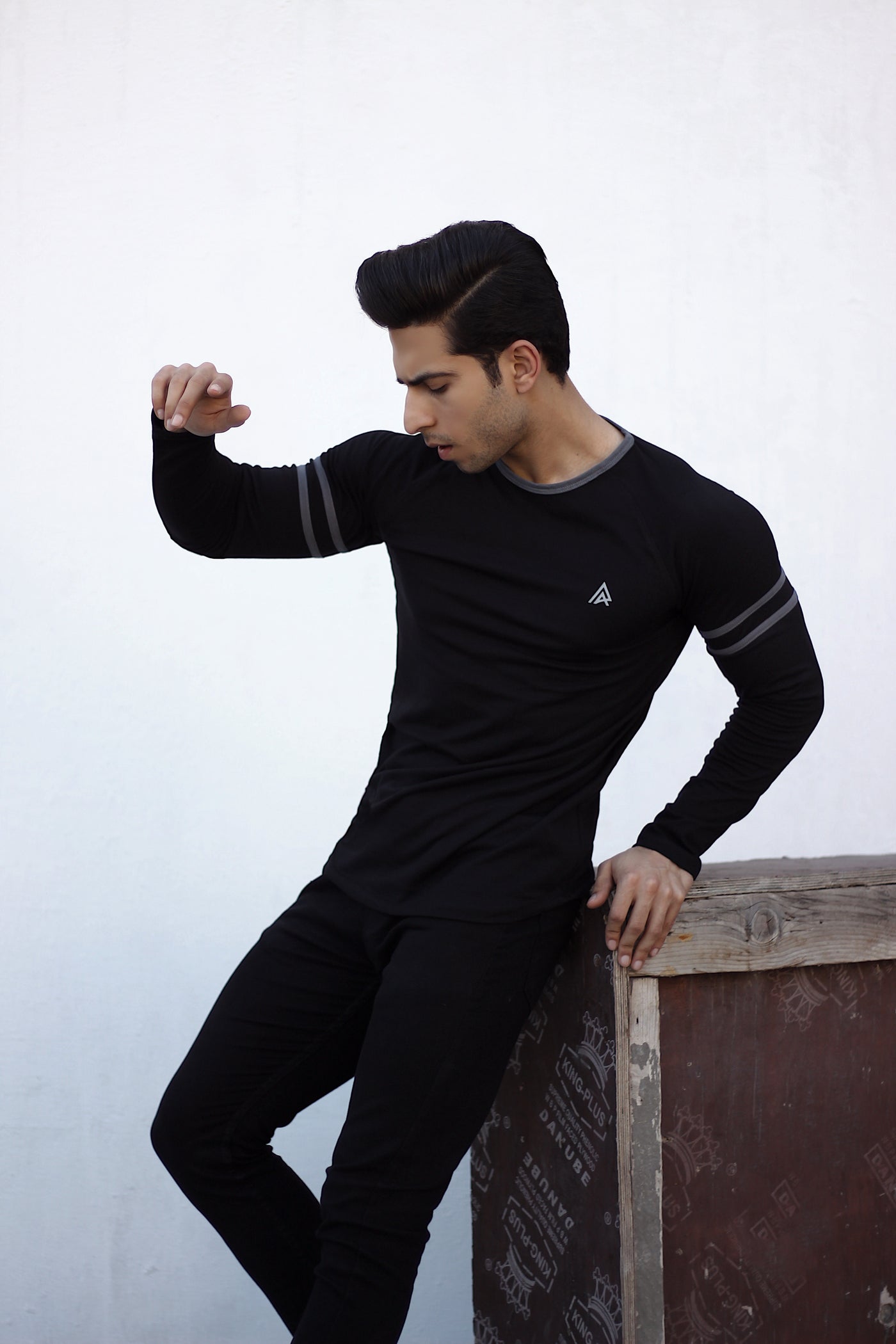 Black with Grey Striped Arms Crew Neck
