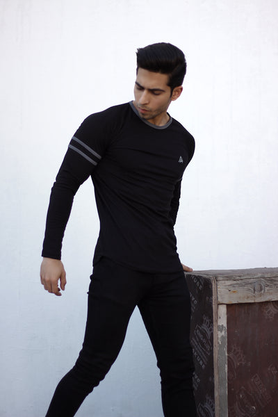 Black with Grey Striped Arms Crew Neck