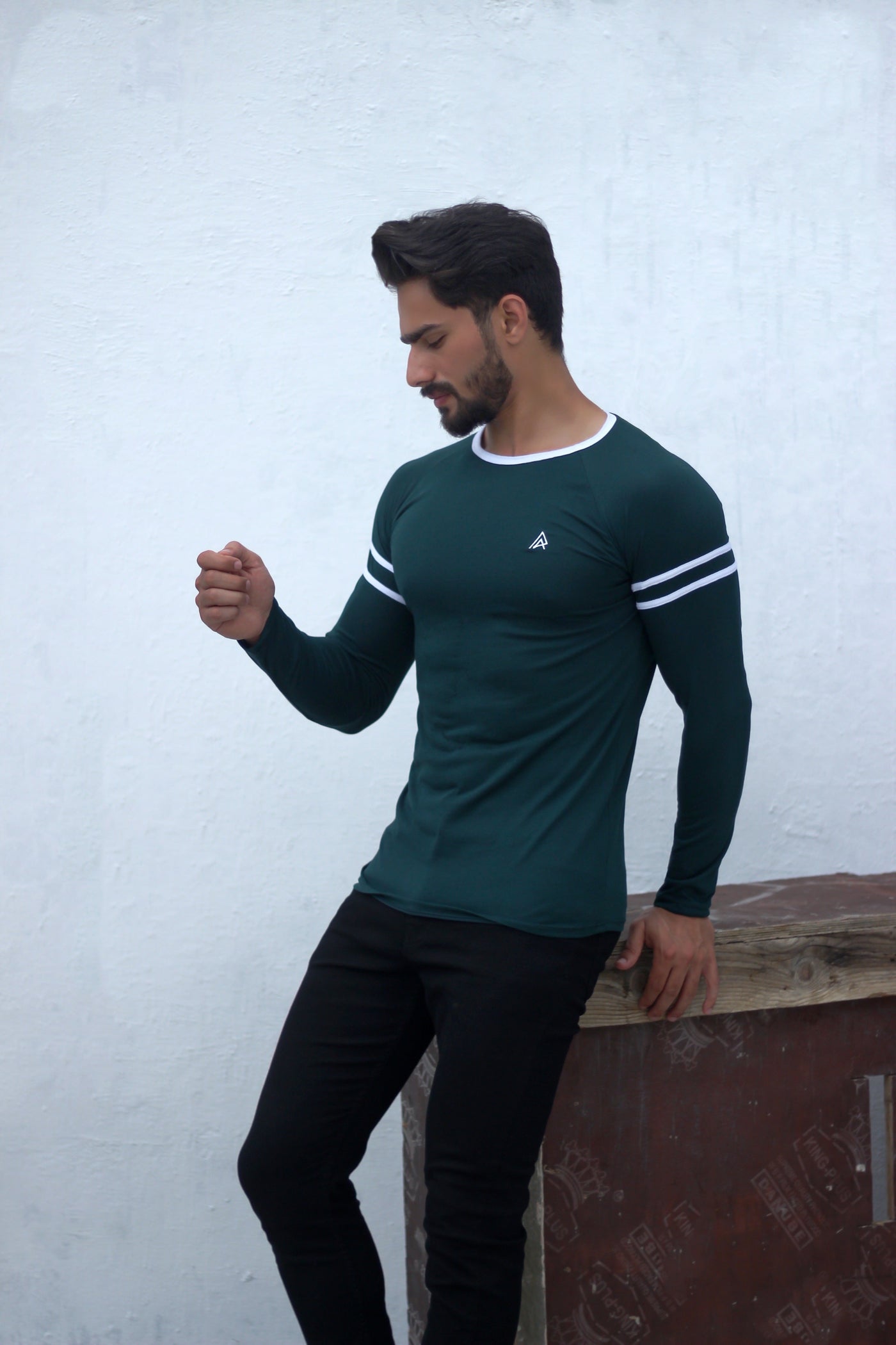 Mojo Green with Striped Arms Crew Neck
