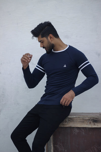 Deep Navy with Striped Arms Crew Neck